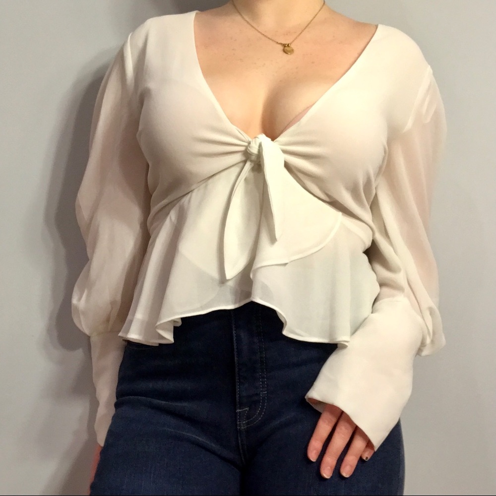 DOR L’DOR V-neck Front Tie Long Sleeve Blouse
